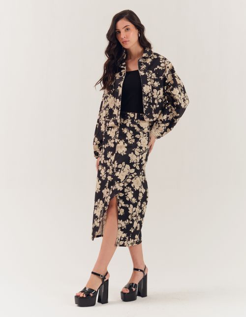 Saia Sarja Estampada Jardim - Preto