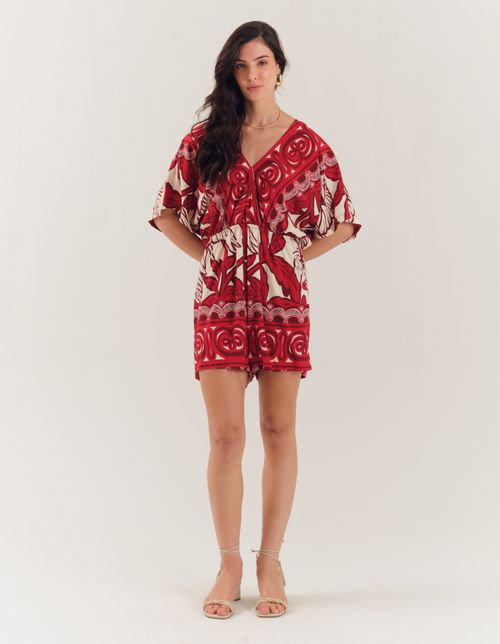 Macaquinho Estampado Palm Red - Off White