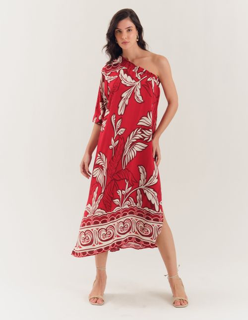 Vestido Longo Ombro Só Estampado Palm Red - Vermelho