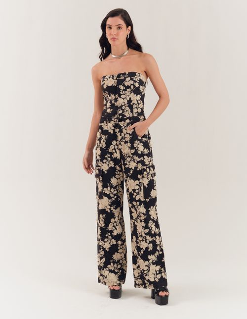 Macacão Sarja Estampado Jardim - Preto