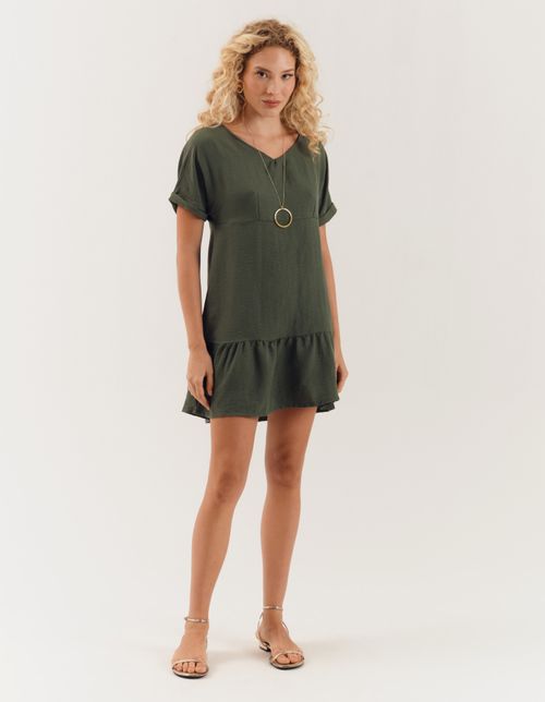 Vestido Curto Marias Com Pregas - Verde Militar