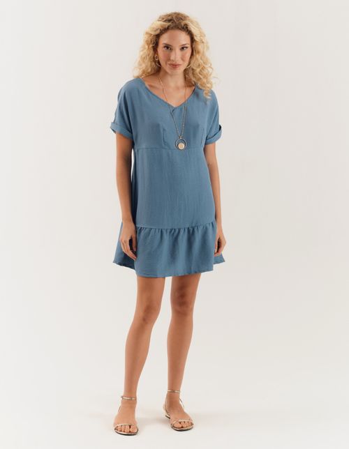 Vestido Curto Marias Com Pregas - Azul Jeans