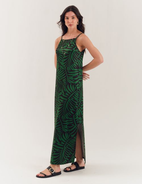 Vestido Midi Estampado Hera Bicolor - Verde Folha
