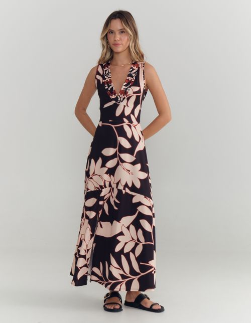 Vestido New Longo Estampado Kika - Preto