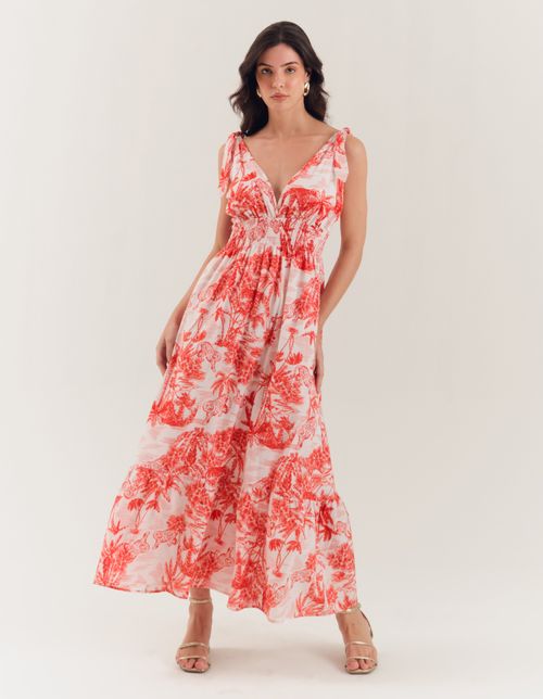 Vestido Longo Estampado Marie Red - Vermelho