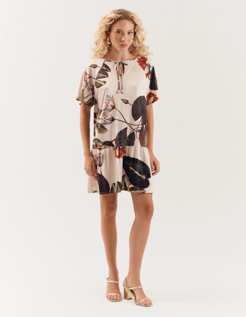 Vestido Curto Estampado Floral Botânico - Verde Oliva