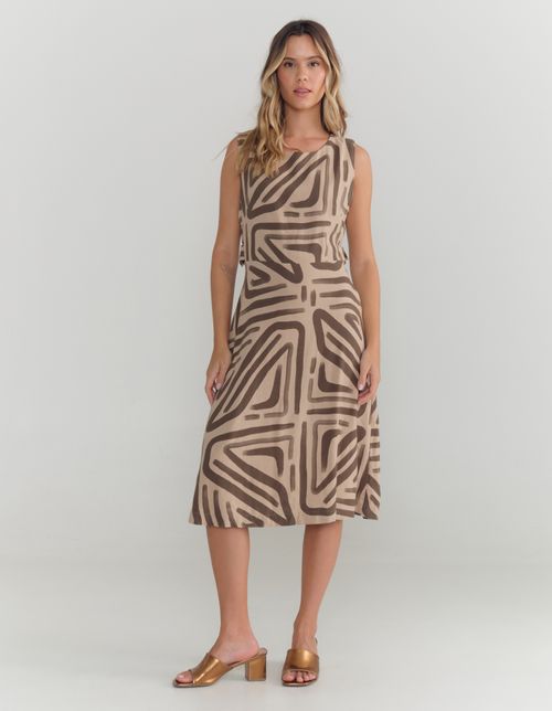 Vestido Midi Estampado Traços - Areia
