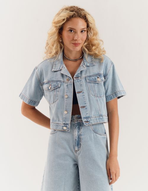 Jaqueta Cropped Jeans Manga Curta - Denim Medio