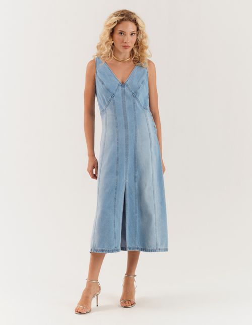 Vestido Midi Jeans Multi Recortes - Denim Medio
