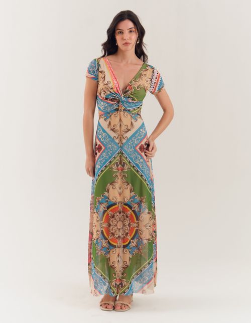Vestido Longo Estampado Lenços Coloridos - Areia