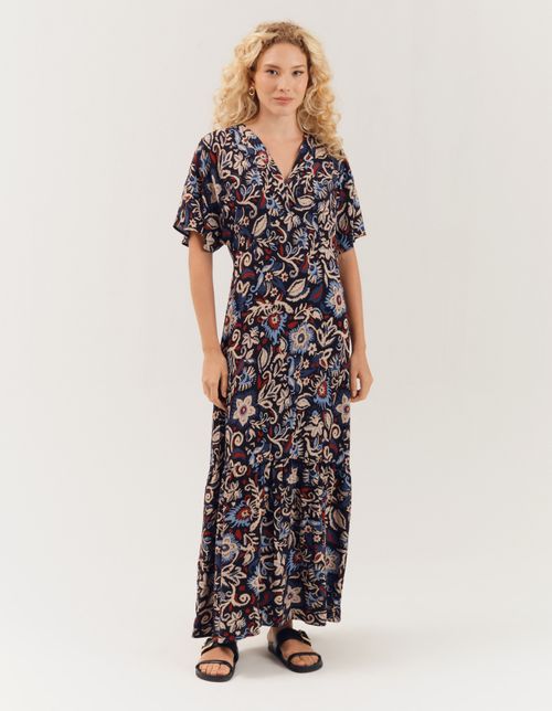 Vestido Longo Estampado Floral Boho - Azul Marinho