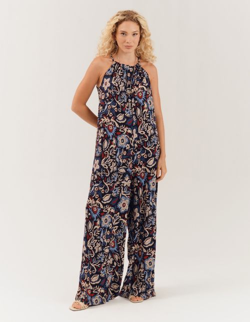 Macacão Estampado Floral Boho - Azul Marinho