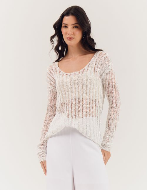 Blusa Tricot Listras Verticais Com Paete - Branco