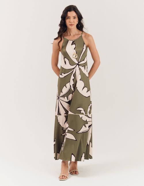 Vestido Longo Estampado Buriti - Verde Oliva
