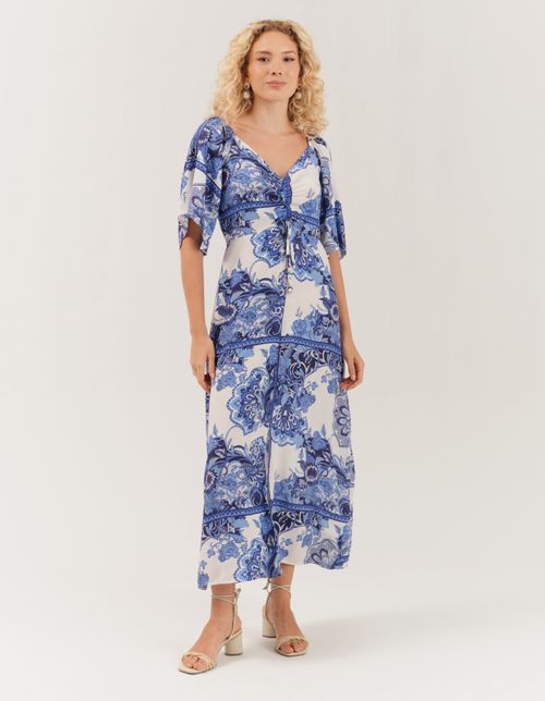 Vestido New Longo Estampado Mariah Blue - Off White
