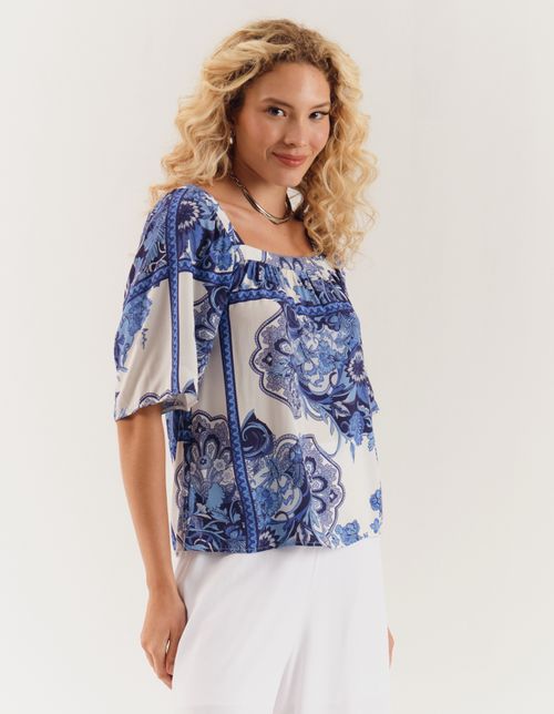 Blusa Estampada Mariah Blue - Off White