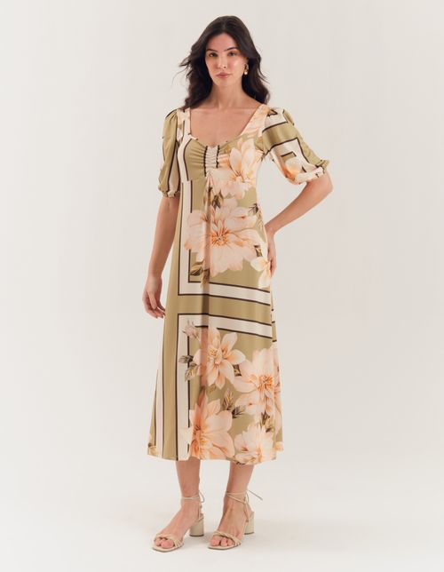 Vestido Midi Estampado Floral Quadros - Verde