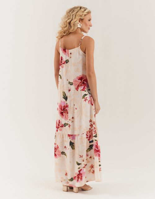 Vestido Longo Estampado Floral Plumetti - Off White