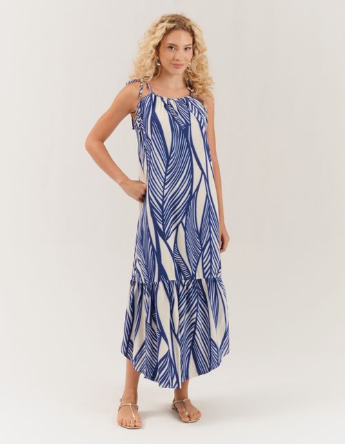 Vestido New Longo Estampado Folhagem Blue - Off White