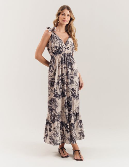 Vestido Longo Estampado Marie Nanquim - Areia