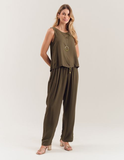 Calça Reta Cós Elástico - Verde Oliva