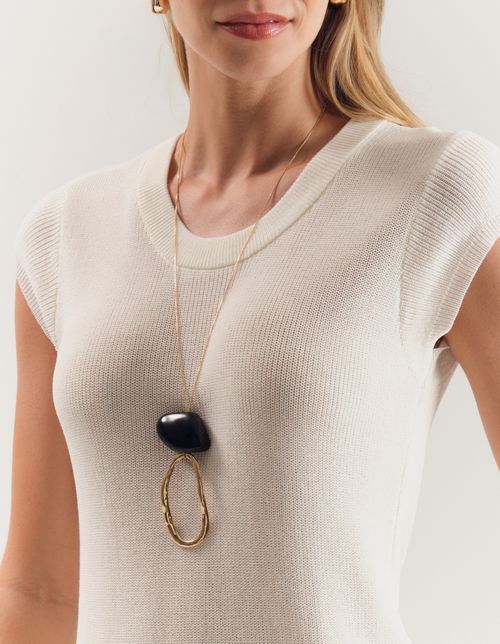 Colar Longo Elo Orgânico e Resina - Dourado