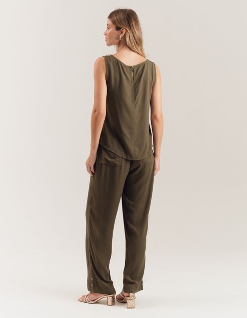 Calça Reta Cós Elástico - Verde Oliva