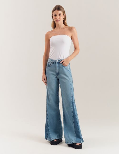 Calça Pantalona Jeans Mix Lavagens - Denim Medio