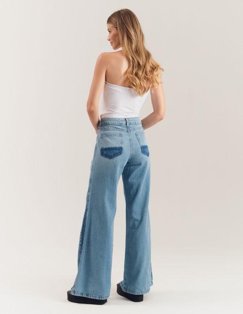Calça Pantalona Jeans Mix Lavagens - Denim Medio