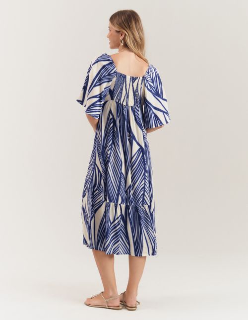 Vestido Midi Estampado Folhagem Blue - Off White
