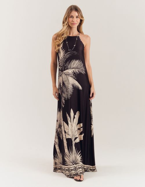 Vestido Longo Estampado Maxi Palm - Preto