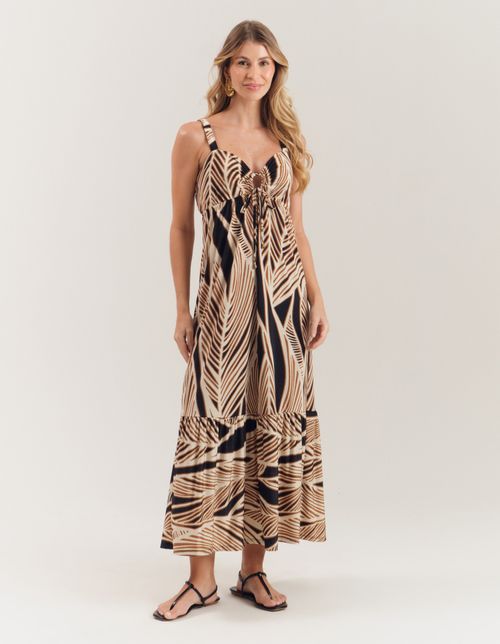 Vestido Longo Estampado Folhagem Black - Preto