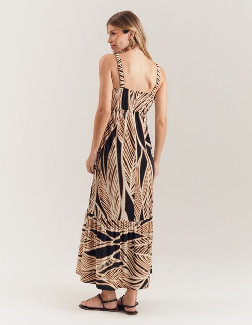 Vestido Longo Estampado Folhagem Black - Preto