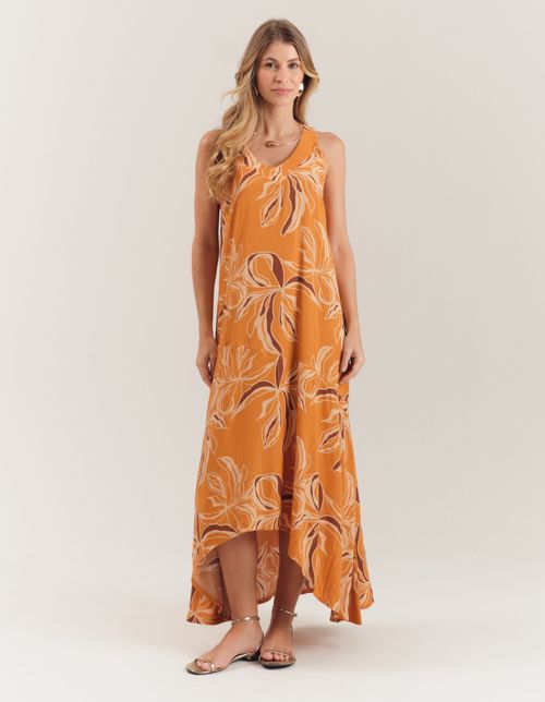 Vestido New Longo Lurex Estampado Flower - Mostarda