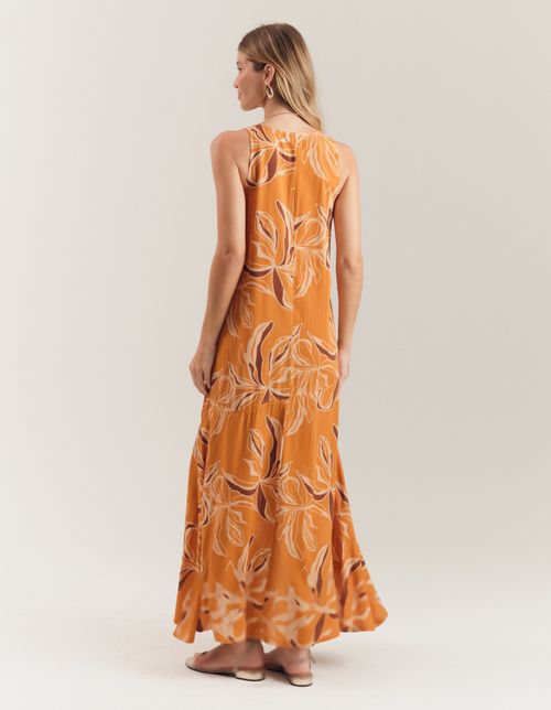 Vestido New Longo Lurex Estampado Flower - Mostarda