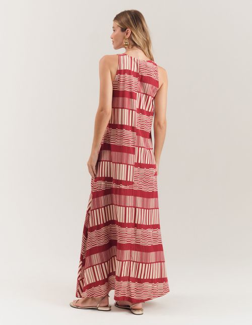 Vestido New Longo Lurex Estampado Stripe - Vinho