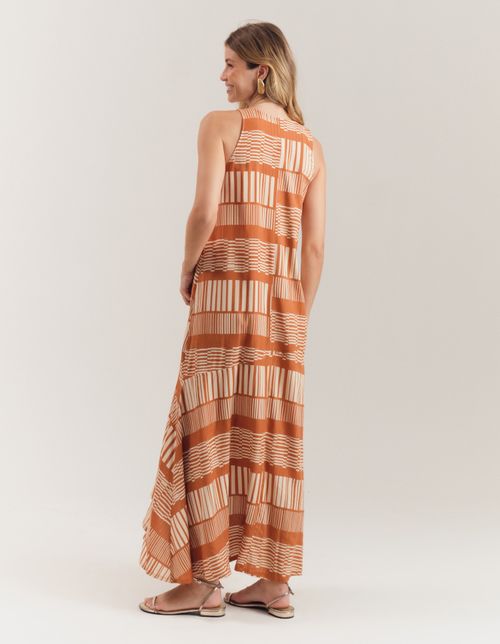Vestido New Longo Lurex Estampado Stripe - Camel