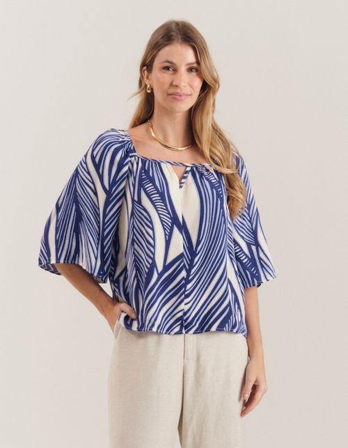 Blusa Estampada Folhagem Blue - Off White