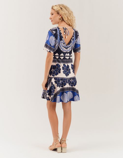 Vestido Curto Estampado Flores e Conchas - Azul Marinho