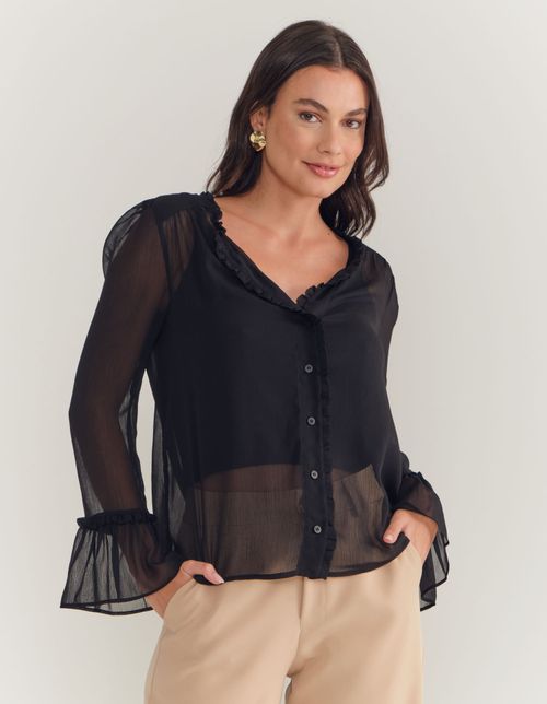 Blusa Manga Longa Recorte Babado - Preto