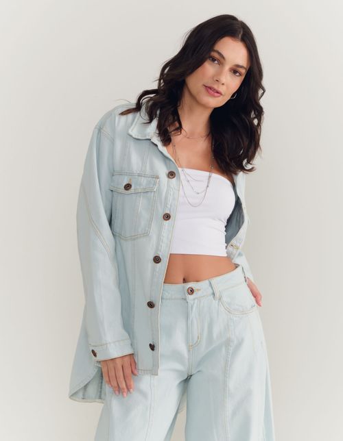 Camisa Jeans Recortes Fraldada - Denim Claro