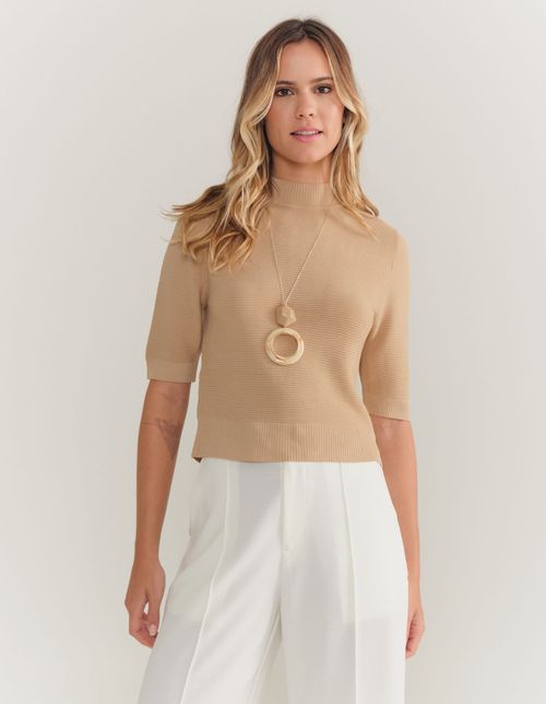 Blusa Tricot Manga Curta Modal Fresh - Caqui