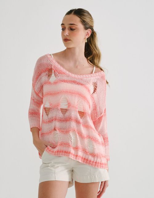 Blusa Tricot Listras Detalhes Vazados - Pessego