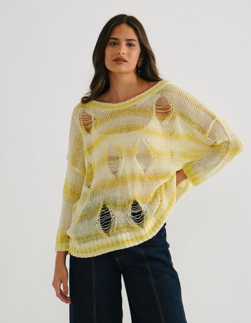 Blusa Tricot Listras Detalhes Vazados - Amarelo