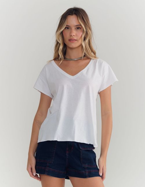 T Shirt Decote v Manga - Off White