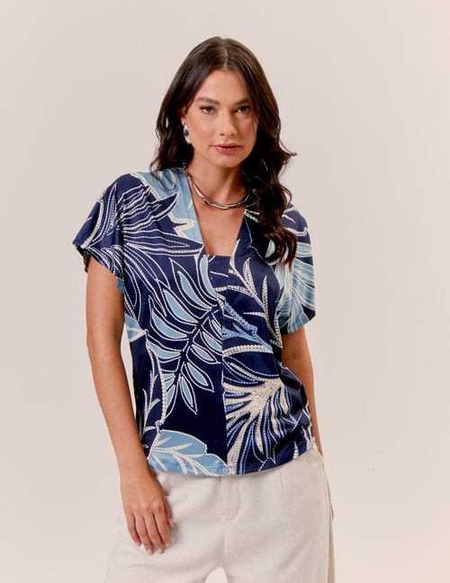 Blusa Estampada Folhagem Pesponto Denim - Azul Marinho