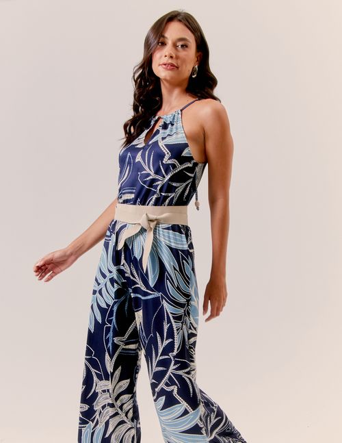 Macacão Estampado Folhagem Pesponto Denim - Azul Marinho