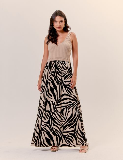 Vestido Longo Busto Tricot Estampado Zebra - Areia