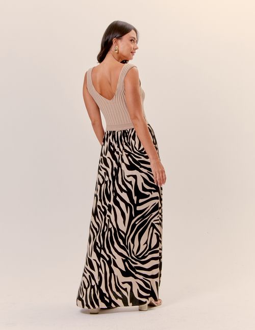 Vestido Longo Busto Tricot Estampado Zebra - Areia