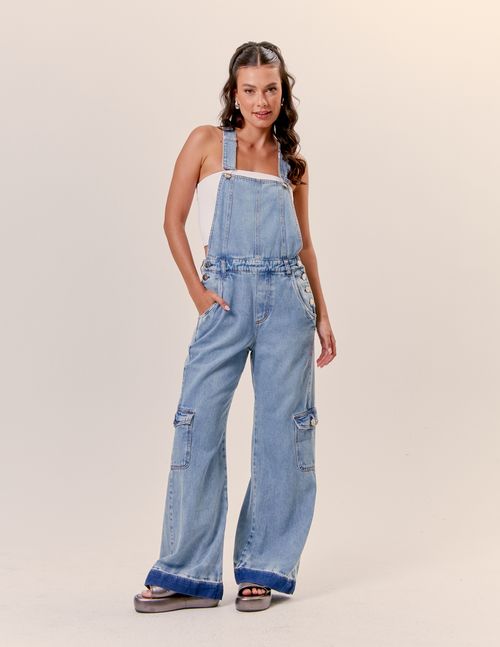 Jardineira Cargo Jeans - Denim Medio